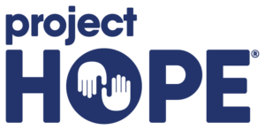 A blue logo with the words project hope underneath it.